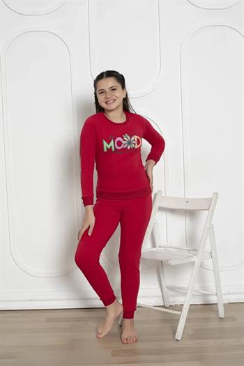 Kışlık Kız Çocuk Pijaması - Kırmızı Renk İki İplik Baskılı 5171UKL