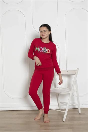 Kışlık Kız Çocuk Pijaması - Kırmızı Renk İki İplik Baskılı 5171UKL