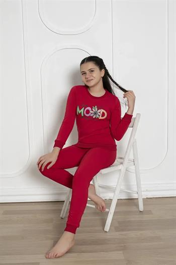 Kışlık Kız Çocuk Pijaması - Kırmızı Renk İki İplik Baskılı 5171UKL