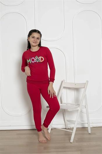 Kışlık Kız Çocuk Pijaması - Kırmızı Renk İki İplik Baskılı 5171UKL
