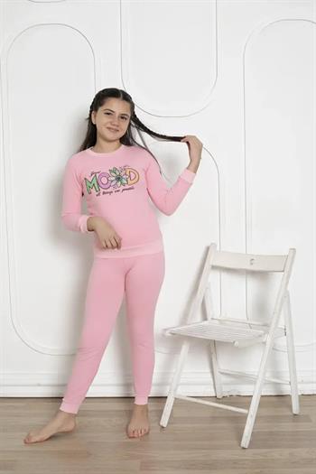 Kışlık Kız Çocuk Pijaması - Pembe Renk İki İplik Baskılı 5171UKL