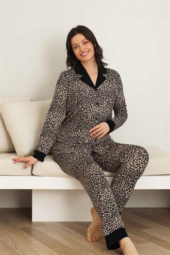 Leopar desenli Kadın Pijama Takımı - Bambu Likralı Kumaş  Önden düğmeli Uzun Kol 2719UY