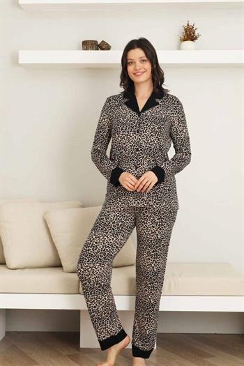 Leopar desenli Kadın Pijama Takımı - Bambu Likralı Kumaş  Önden düğmeli Uzun Kol 2719UY