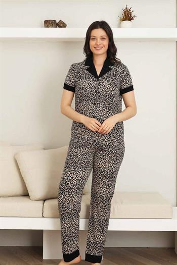 Leopar desenli Kadın Pijama Takımı - Bambu Likralı Kumaş  Önden düğmeli Kısa Kol 2719KY