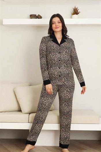 Leopar desenli Kadın Pijama Takımı - Bambu Likralı Kumaş  Önden düğmeli Uzun Kol 2719UY