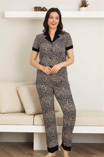 Leopar desenli Kadın Pijama Takımı - Bambu Likralı Kumaş  Önden düğmeli Kısa Kol 2719KY