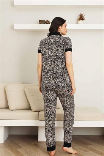 Leopar desenli Kadın Pijama Takımı - Bambu Likralı Kumaş  Önden düğmeli Kısa Kol 2719KY