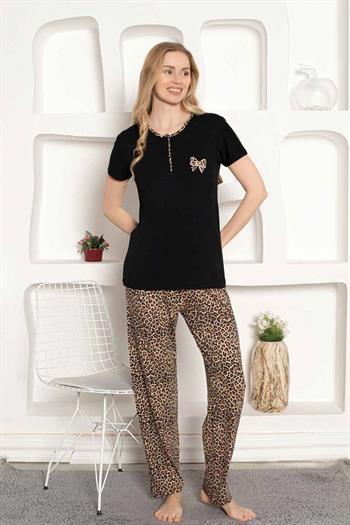 Leopar desenli Kadın Pijama Takımı - Fiyonk Nakışlı Likralı 2805KY