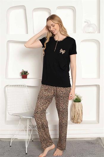 Leopar desenli Kadın Pijama Takımı - Fiyonk Nakışlı Likralı 2805KY