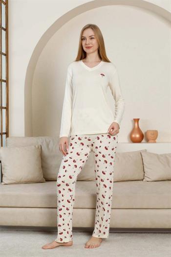 Mantar Desenli Kadın Pijama Takımı - Ekru V Yaka Likralı Viskon Uzun Kollu 2847UY