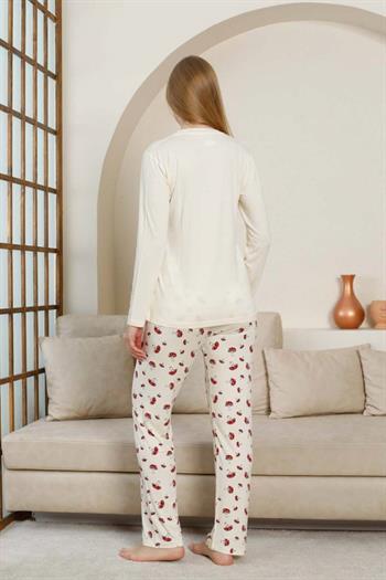 Mantar Desenli Kadın Pijama Takımı - Ekru V Yaka Likralı Viskon Uzun Kollu 2847UY