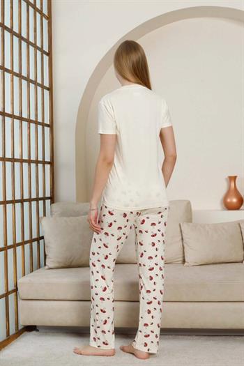 Mantar Desenli Kadın Pijama Takımı - Ekru V Yaka Likralı Viskon Kısa Kollu 2847KY