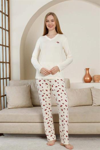 Mantar Desenli Kadın Pijama Takımı - Ekru V Yaka Likralı Viskon Uzun Kollu 2847UY