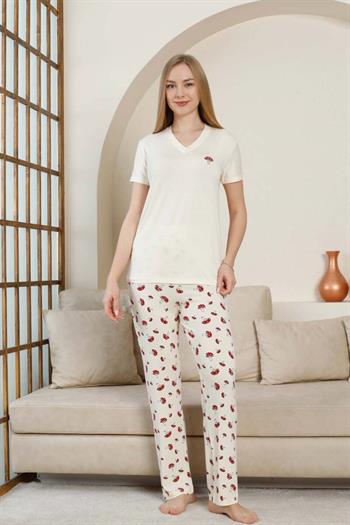 Mantar Desenli Kadın Pijama Takımı - Ekru V Yaka Likralı Viskon Kısa Kollu 2847KY