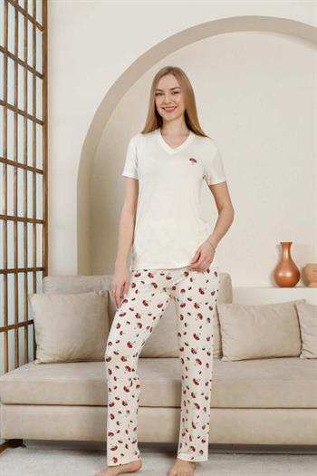 Mantar Desenli Kadın Pijama Takımı - Ekru V Yaka Likralı Viskon Kısa Kollu 2847KY