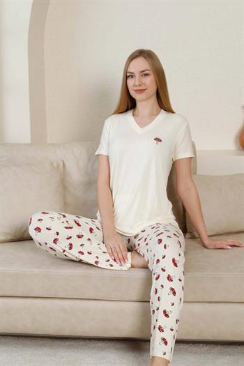 Mantar Desenli Kadın Pijama Takımı - Ekru V Yaka Likralı Viskon Kısa Kollu 2847KY