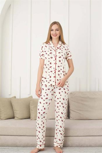 Mantar Desenli Kadın Pijama Takımı - Önden Düğmeli Likralı Kısa Kollu 2858KY