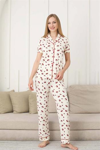 Mantar Desenli Kadın Pijama Takımı - Önden Düğmeli Likralı Kısa Kollu 2858KY