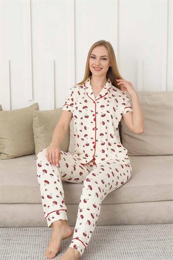 Mantar Desenli Kadın Pijama Takımı - Önden Düğmeli Likralı Kısa Kollu 2858KY