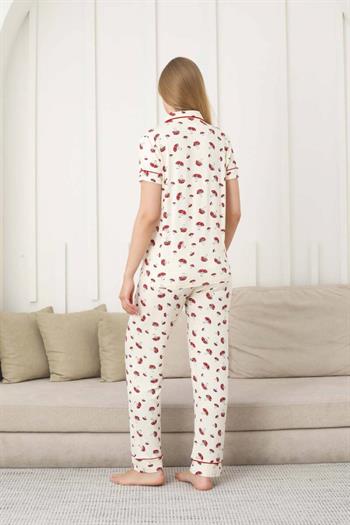 Mantar Desenli Kadın Pijama Takımı - Önden Düğmeli Likralı Kısa Kollu 2858KY
