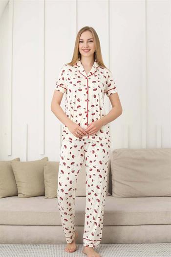 Mantar Desenli Kadın Pijama Takımı - Önden Düğmeli Likralı Kısa Kollu 2858KY