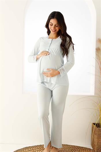 Mavi Dantelli Hamile Lohusa Pijama Takımı 2714UY