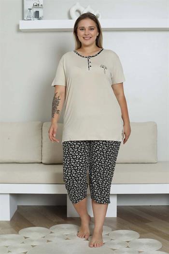 Nakışlı Kadın Pijama Takımı - Bej Büyük Beden  Bermuda Kısa Kol Likralı Bambu Viskon  2857BB