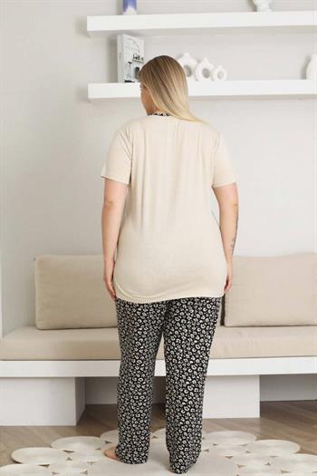 Nakışlı Kadın Pijama Takımı - Bej Büyük Beden Kısa Kol Likralı Bambu Viskon  2857KYB