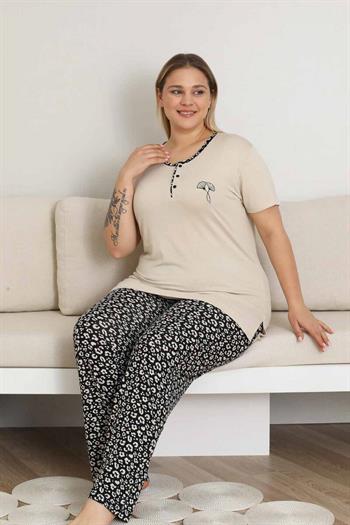 Nakışlı Kadın Pijama Takımı - Bej Büyük Beden Kısa Kol Likralı Bambu Viskon  2857KYB
