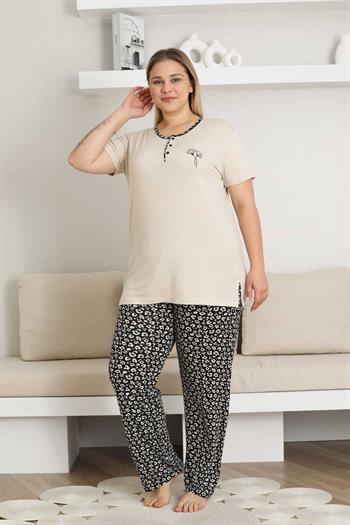Nakışlı Kadın Pijama Takımı - Bej Büyük Beden Kısa Kol Likralı Bambu Viskon  2857KYB