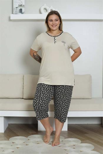 Nakışlı Kadın Pijama Takımı - Bej Büyük Beden  Bermuda Kısa Kol Likralı Bambu Viskon  2857BB