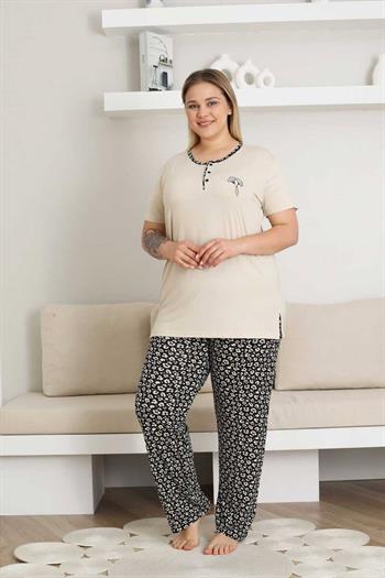 Nakışlı Kadın Pijama Takımı - Bej Büyük Beden Kısa Kol Likralı Bambu Viskon  2857KYB
