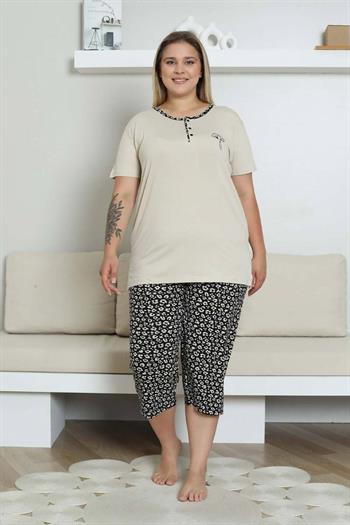 Nakışlı Kadın Pijama Takımı - Bej Büyük Beden  Bermuda Kısa Kol Likralı Bambu Viskon  2857BB