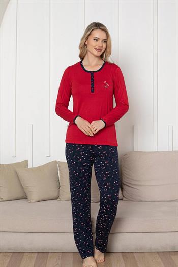 Nakışlı Kadın Pijama Takımı - Laciver Gül Desenli Uzun Kol Likralı Rink Viskon 2861UY