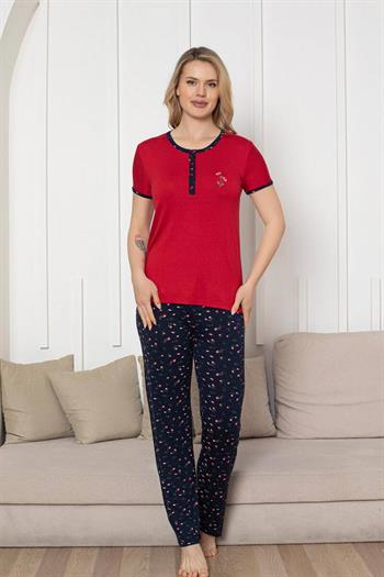 Nakışlı Kadın Pijama Takımı - Laciver Gül Desenli Kısa Kol Likralı Rink Viskon 2861KY