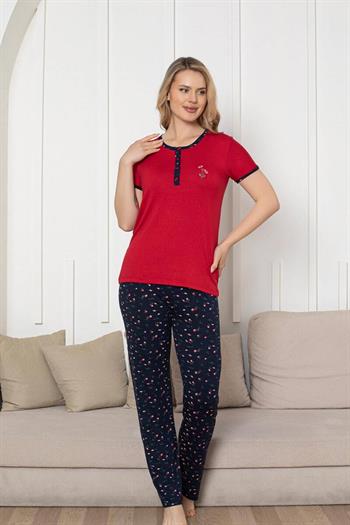Nakışlı Kadın Pijama Takımı - Laciver Gül Desenli Kısa Kol Likralı Rink Viskon 2861KY