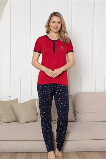 Nakışlı Kadın Pijama Takımı - Laciver Gül Desenli Kısa Kol Likralı Rink Viskon 2861KY