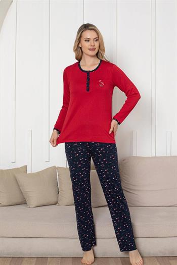 Nakışlı Kadın Pijama Takımı - Laciver Gül Desenli Uzun Kol Likralı Rink Viskon 2861UY