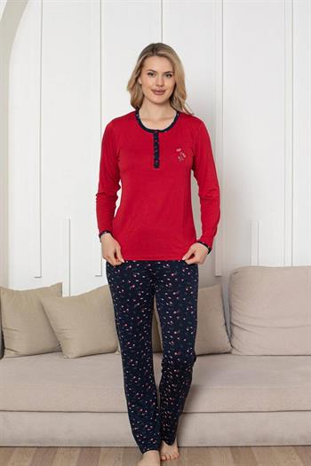 Nakışlı Kadın Pijama Takımı - Laciver Gül Desenli Uzun Kol Likralı Rink Viskon 2861UY