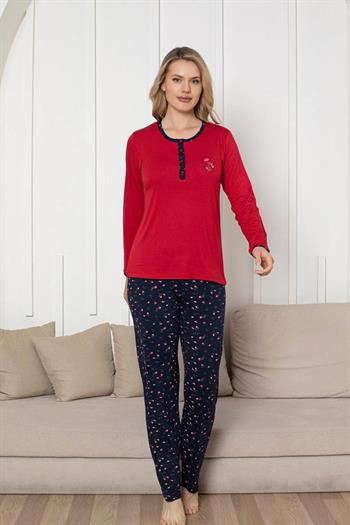 Nakışlı Kadın Pijama Takımı - Laciver Gül Desenli Uzun Kol Likralı Rink Viskon 2861UY