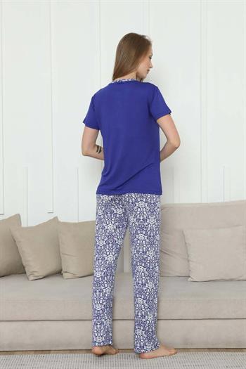 Nakışlı Kadın Pijama Takımı -Saks Mavi Etnik Desenli Kısa Kol Likralı Rink Viskon 2865KY
