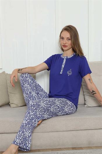 Nakışlı Kadın Pijama Takımı -Saks Mavi Etnik Desenli Kısa Kol Likralı Rink Viskon 2865KY