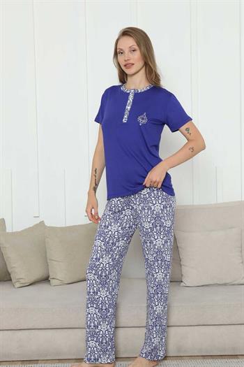 Nakışlı Kadın Pijama Takımı -Saks Mavi Etnik Desenli Kısa Kol Likralı Rink Viskon 2865KY
