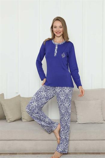 Nakışlı Kadın Pijama Takımı -Saks Mavi Etnik Desenli Uzun Kol Likralı Rink Viskon 2865UY