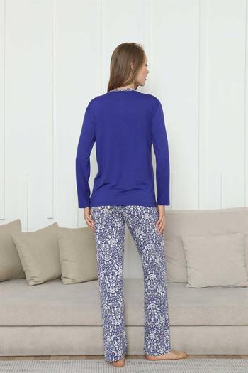 Nakışlı Kadın Pijama Takımı -Saks Mavi Etnik Desenli Uzun Kol Likralı Rink Viskon 2865UY