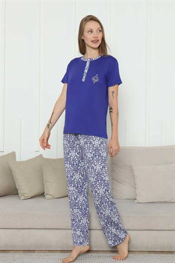 Nakışlı Kadın Pijama Takımı -Saks Mavi Etnik Desenli Kısa Kol Likralı Rink Viskon 2865KY