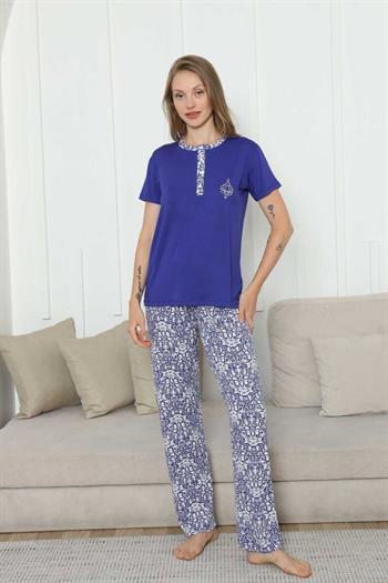 Nakışlı Kadın Pijama Takımı -Saks Mavi Etnik Desenli Kısa Kol Likralı Rink Viskon 2865KY