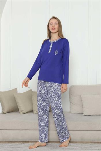 Nakışlı Kadın Pijama Takımı -Saks Mavi Etnik Desenli Uzun Kol Likralı Rink Viskon 2865UY