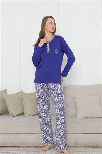 Nakışlı Kadın Pijama Takımı -Saks Mavi Etnik Desenli Uzun Kol Likralı Rink Viskon 2865UY