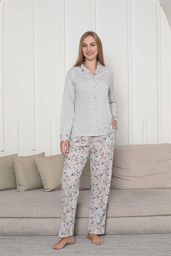 Önden Düğmeli Kadın Pijama Takımı - Gri Çiçek Desenli Uzun Kol Likralı Rink Viskon 2873UY